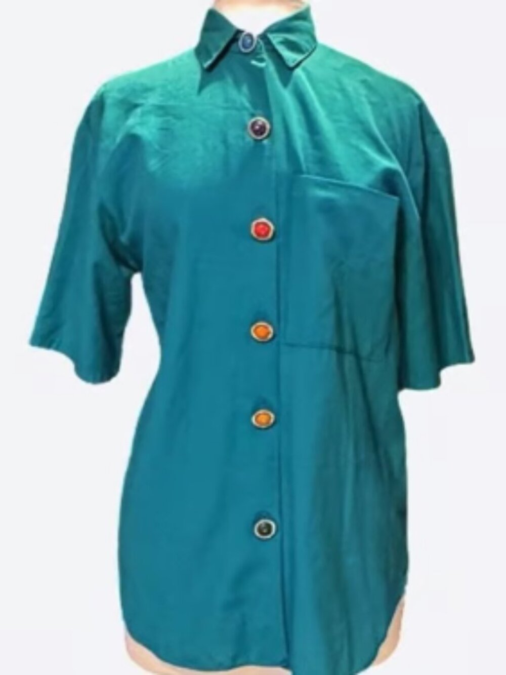 Michele Leslie Vintage Colorful Buttons Short Sleeve Blue Top Button Down Blouse